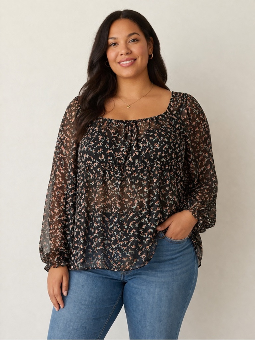 Jessica Simpson 1X Sheer Floral Boho Blouse Flowy Peasant Top Plus Size Black